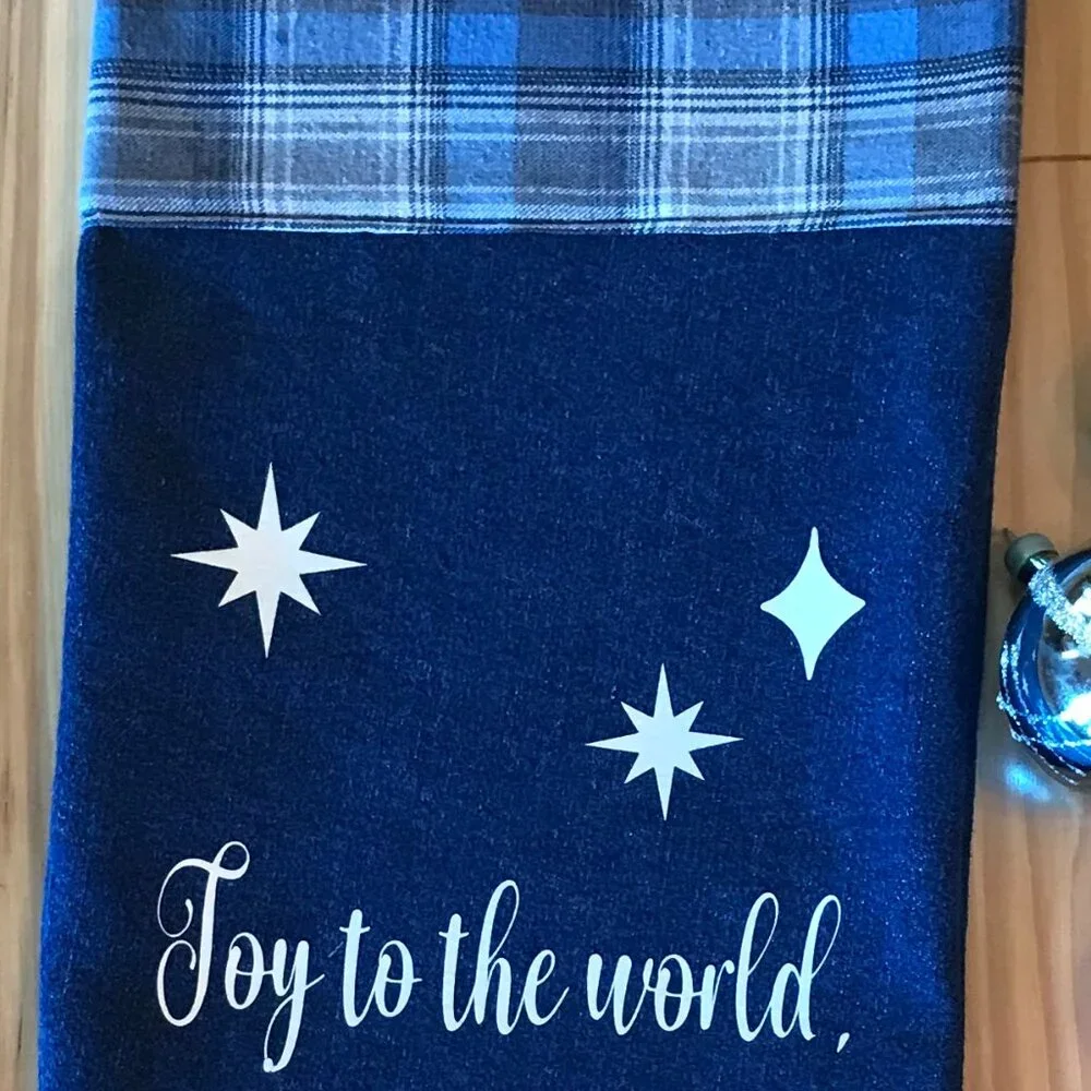 Denim Christmas Stocking, Old Fashioned Holiday Home Decor Joy to the World
